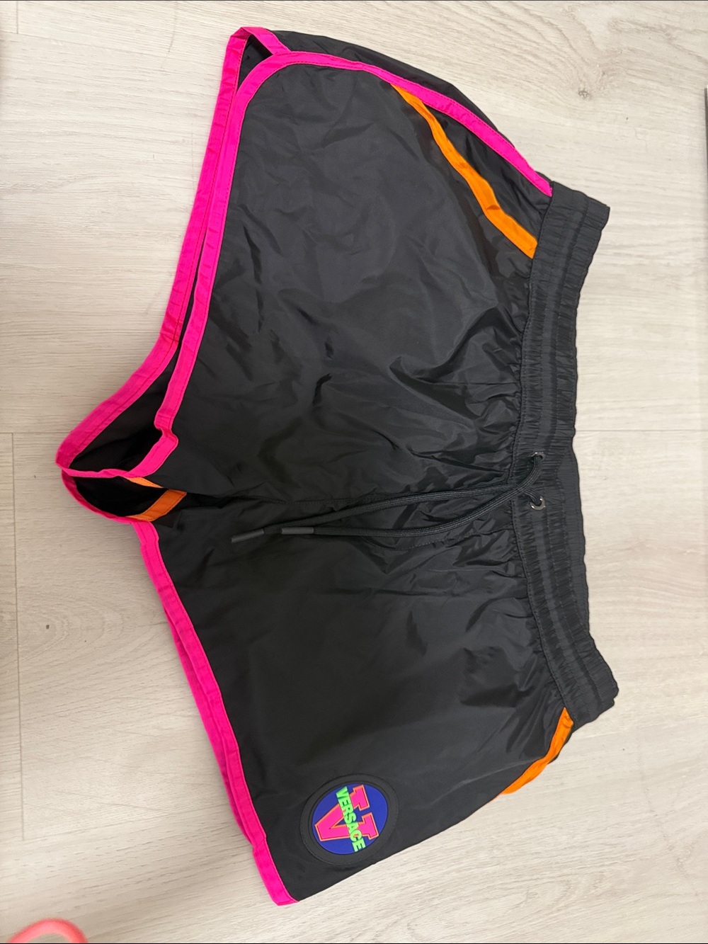 Versace Black Athletic Shorts with Pink & Orange Trim